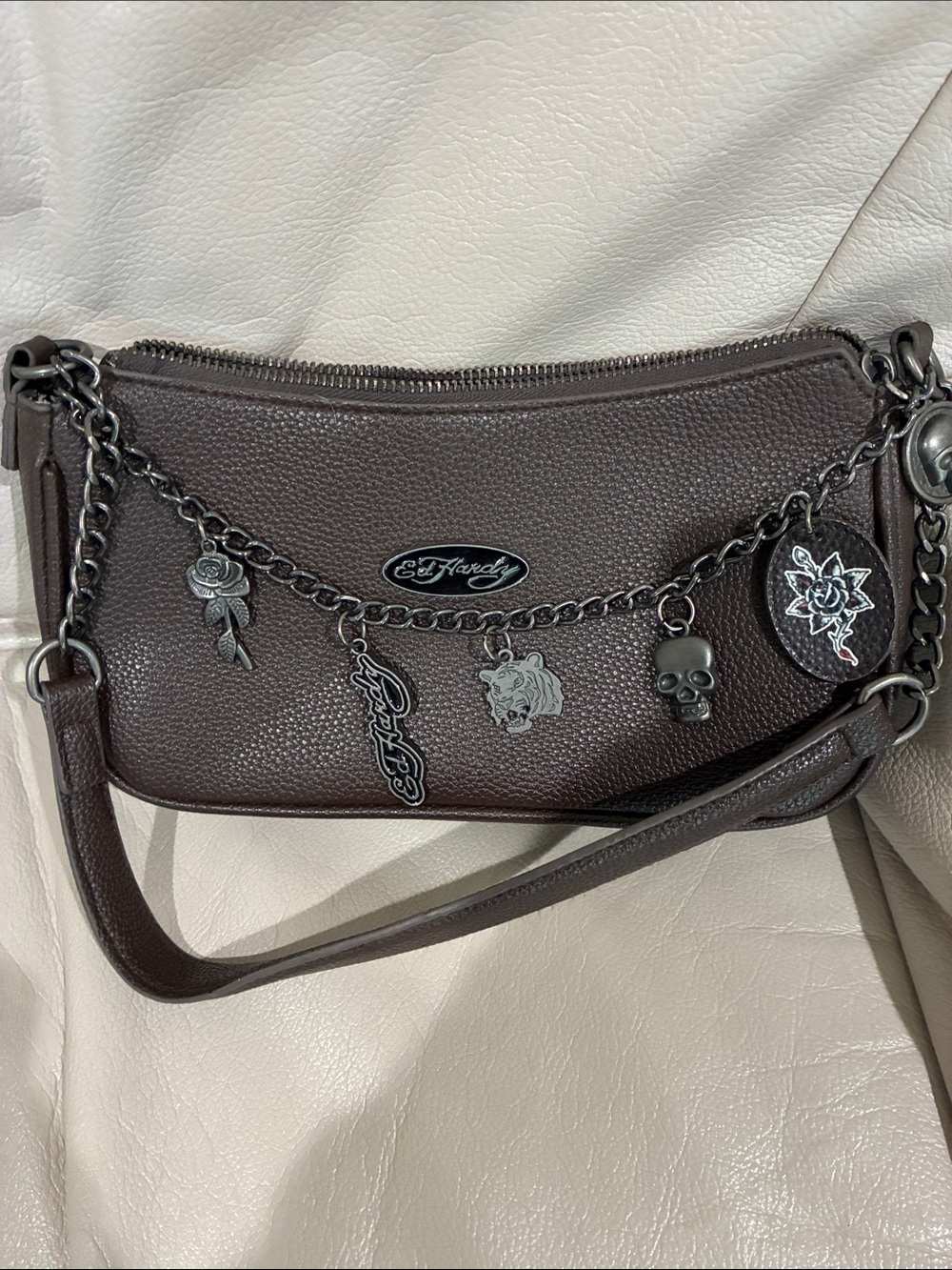 Ed Hardy Dark Brown Studded Charm Shoulder Bag with Chain Accents